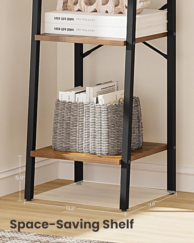Hzuaneri Ladder Shelf, Bookshelf Bookcase, Freestanding Corner Storage Shelve with 2 Hooks for Home Office, Living Room, Kitchen, Bedroom, Industrial, 11.8"D x 13.4"W x 47.2"H, Rustic Brown BC13201B