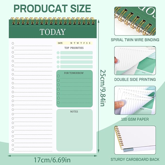 to Do List Notepad with 60 Tear Off Sheets, 6.7 x 9.8" to Do List Notebook for Work Perforated Daily Planner with Task Checklist for Home School Office Personal Organizers, Green