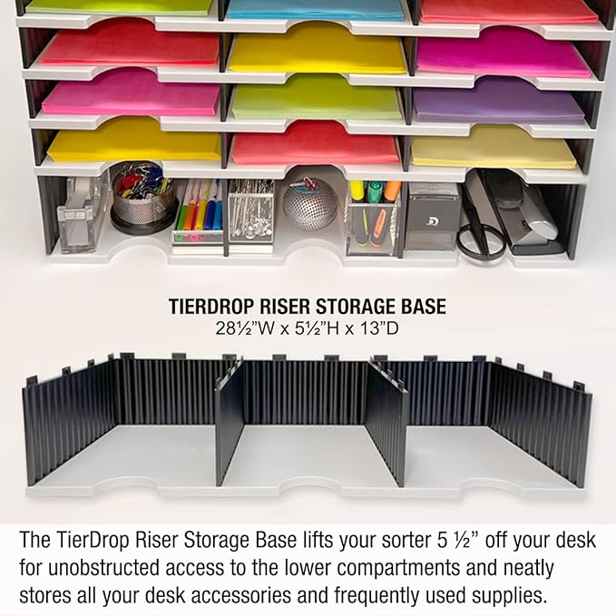 Desktop Organizer 12 Letter Tray Sorter Plus Riser Storage Base & 3 Storage Drawers - Ultimate Office TierDrop Desktop Organizer Stores All of Your Documents & Supplies in One Compact Modular System