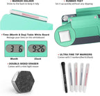 Small Glass Desk Whiteboard Dry-Erase Board with Clock, Small Travel Clock Keychain with Desk Notepad, Time Table Whiteboard for Desk Digital LED Light Display, 8x6 in with Accessories, Turquoise