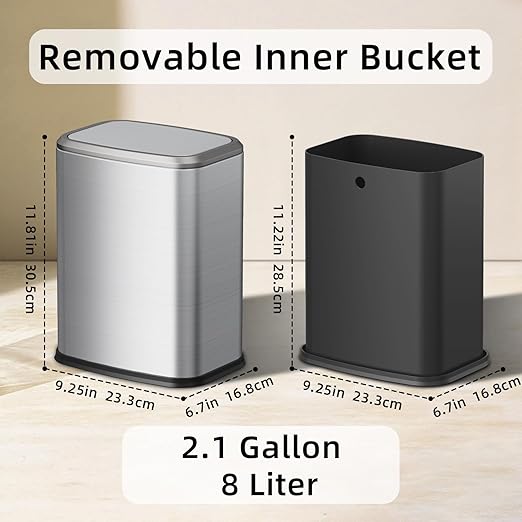 KHMMGK 8L/2.1 Gal Small Bathroom Trash Can with Lid, Swing-Top Rectangular Waste Bin, Stainless Steel Garbage Can for Home, Office, Toilet, Bedroom, Living Room (Silver)