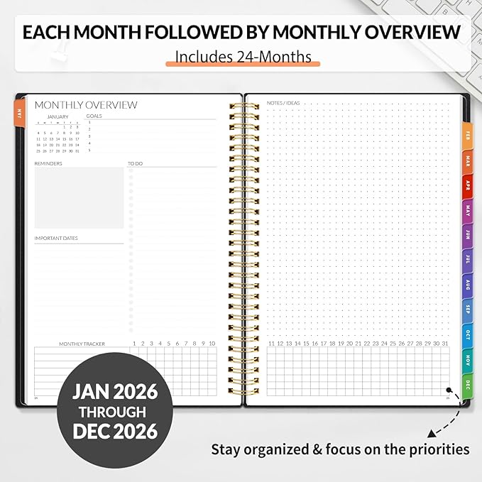 SUNEE 2026-2027 Planner - 24 Months (Jan 2026 - Dec 2027) - 7"x10" Monthly Spreads & Yearly Planner, Black
