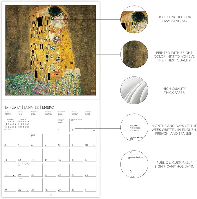 Graphique 2026 Klimt Wall Calendar | 12” x 12” | Thick Paper | Home & Office Organizer | Large Monthly Grid | 3 Languages & Marked Holidays | 4 Month Preview Page for 2027