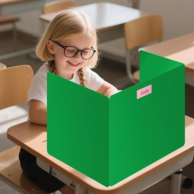 6 Pack Green Desk Dividers for Students, Privacy Shields Folder for Students, Durable & Waterproof Plastic Study Board, Classroom Teacher Supplies Test Divider, Includes Extra Labels