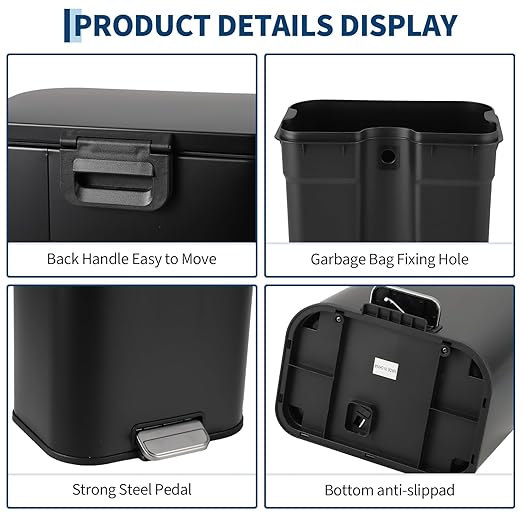 Takywep 13.2 Gallon Brushed Stainless Steel Trash Can with Soft-Close Lid, 3.2/5.3/8/13.2 Gallon Smudge-Resistant Compact Garbage Bin for Kitchen, Bathroom, Office - Black & White