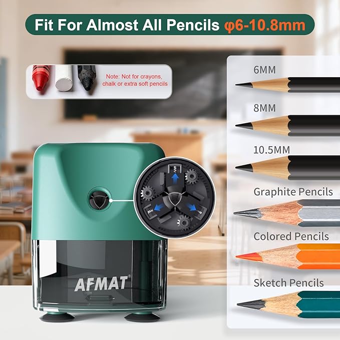 AFMAT Electric Pencil Sharpener, Cordless & Rechargeable, Heavy Duty Classroom Pencil Sharpeners for 6-11mm Pencils, Auto Stop, 2s Fast Sharpening, Battery Powered, 10,000 Sharpenings, Green, PSD3