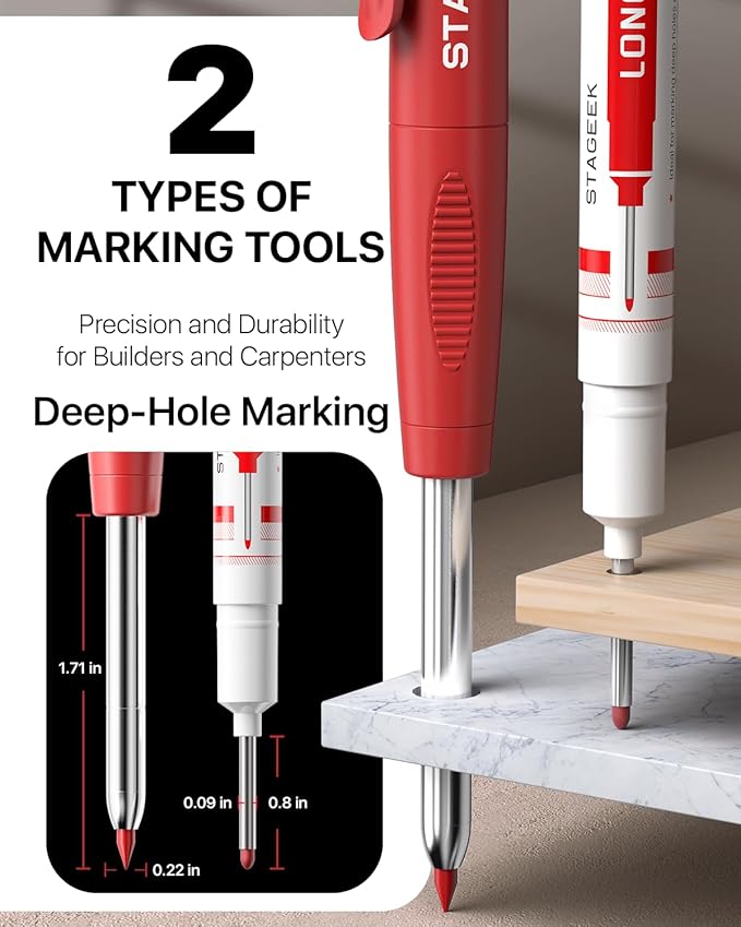 STAGEEK 2PCS Carpenter Pencils with Sharpener, Heavy Duty Woodworking Tools, Mechanical Pencil Set with 26 Refills, Deep Hole Long Nib Marker Pens for Architect Marking with Case (Black, Red)