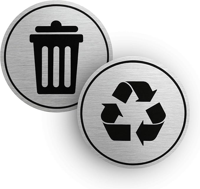 Trash and Recycle Stickers Set of 2 | Indoor Outdoor UV Stable & Weatherproof | Kitchen Pantry Office Organization | Garbage Bin and Waste Basket Label | 3x3 Inch Round Recycling and Trash Sticker