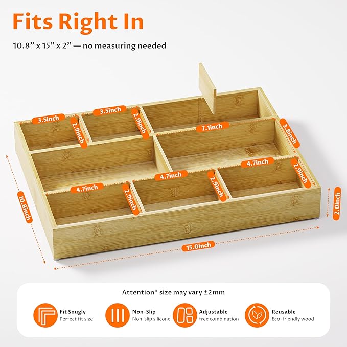 VA1KENE Bamboo Drawer Organizer with 9 Adjustable Compartments, Office Desk Organization Tray for Office Utensils, Supplies, Makeup, Jewelry, and More – Ideal for Desk or Drawer Storage