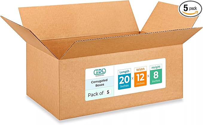 Large Shipping & Moving Boxes 20 x 12 x 8 inches (5-Pack) - Extra Strength 200 lb vs Regular - Corrugated Cardboard Boxes for USPS/UPS/FEDEX - Strong Large Box by IDL Packaging