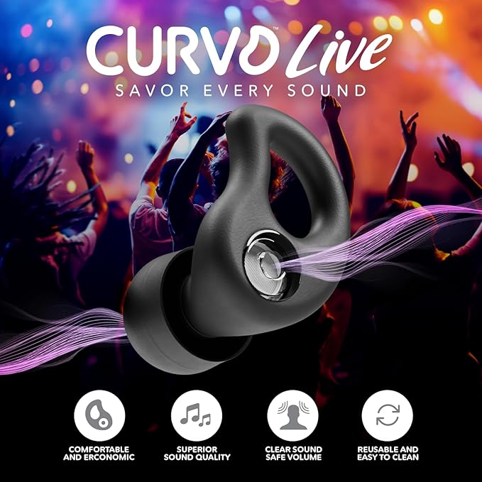 CURVD Live Stylish High-Fidelity Concert Earplugs for Live Events up to 14 dB Noise Reduction, 5 Tip Sizes & Carry Case