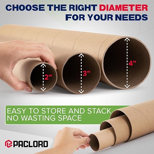 Paclord 4" x 60" Reinforced Kraft Paper Mailing Tube, Pack of 4 Tubes with 8 Caps – Secure USPS Approved Poster Tube – Cardboard Tube for Shipping and Storing Posters, Prints, Artwork, or Documents
