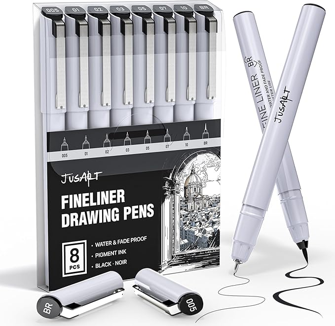 JusArt Fineliner Pens, 8 Size, Ultra Fine, Fine & Brush, Waterproof Black Pigment Ink Drawing Pens for Illustration, Sketching, Writing, Journaling, Bible Notes, Technical Drawing pens