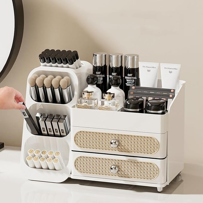 KQJS Makeup Organizer with Drawers,Large Capacity Countertop Organizer for Vanity,Bathroom and Bedroom Desk Cosmetics Organizer,Easy To Storage Skincare,Brushes,Lotions,Lipstick (All white)