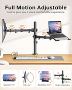 H&C(hcck&Cllassp) Monitor and Laptop Mount Stand for 13" to 32" Screens, Adjustable Monitor Arm Stand with Tray for 11-17” Laptop, Holds 18lbs/Arm, C-Clamp, 75x75/100x100 VESA