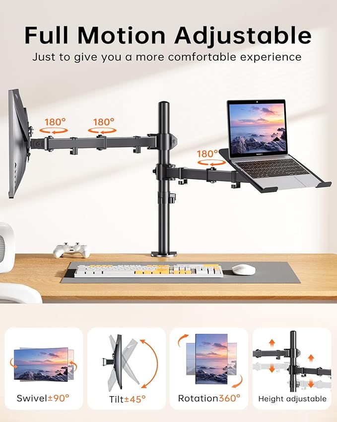 H&C(hcck&Cllassp) Monitor and Laptop Mount Stand for 13" to 32" Screens, Adjustable Monitor Arm Stand with Tray for 11-17” Laptop, Holds 18lbs/Arm, C-Clamp, 75x75/100x100 VESA