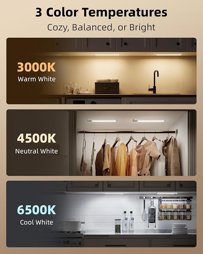 EZVALO 3 Pack Under Cabinet Lighting, 3200mAh Rechargeable Motion Sensor Light, 12inch Magnetic Closet Lights with Dimmable & 3 Color Temps, Wireless Motion Activated Lights with Remote for Kitchen
