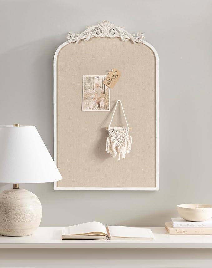 Kate and Laurel Arendahl Decorative Arch Pinboard; 19 x 31; White; Framed Arched Ornate Vintage Cork Board for Use as Motivational Vision Board or Wall Organizer