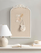 Kate and Laurel Arendahl Decorative Arch Pinboard; 19 x 31; White; Framed Arched Ornate Vintage Cork Board for Use as Motivational Vision Board or Wall Organizer
