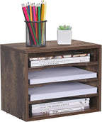 Snughome Vintage Wood File Organizer Desktop, 13.4’’ Document Letter Mail Tray Sorter with 3 Adjustable Shelves, Wooden Desktop Paper File Sorter Holder for School Home Office Supplies
