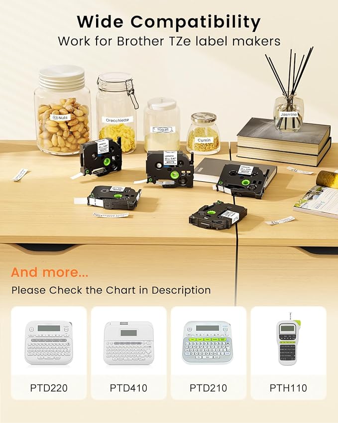 Colorty Replace for Brother Tape Cassette P Touch Label Tape 12 mm 0.47 Laminated White Tz TZe-231 Label Maker Ptouch Refills for PT-D400 D410 H100 1090 1290 1880 1750 2040 12mm x 8m, 8-Pack