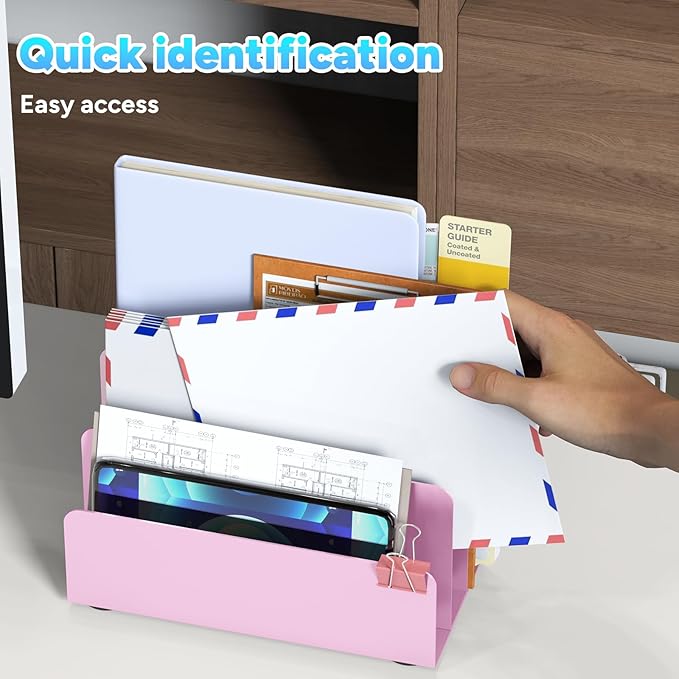 OUTIOE Mail Organizer Countertop, Small Desk File Organizer, Metal File Holder - Essential Workspace Organizers for Office Desk, Home Office (Pink)