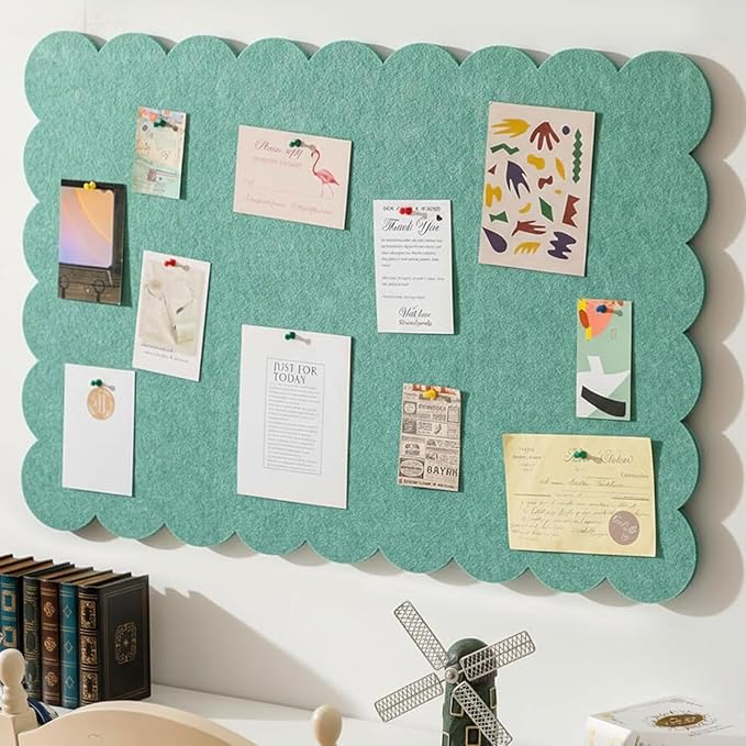 Mooliwe Scalloped Felt Bulletin Board 48 x 36 Inches Foldable Sage Green Pin Cork Board Alternative for Wall, 4' x 3' Trifold Picture Vision Self Adhesive Bulletin Decorative