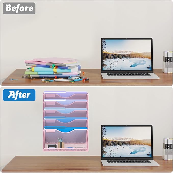 Gawerk 6 Tier Hanging File Organizer, Mesh Wall File Holder Paper Folder Rack with Bottom Flat Tray for Office Home, Pink