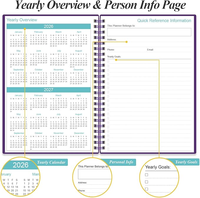2026-2027 Planner - 18 Months Weekly & Monthly Planner from January 2026 - June 2027, Spiral Planners 2026-2027 with Elastic Closure, Inner Pocket, Medium 5.8" x 8.3", Purple