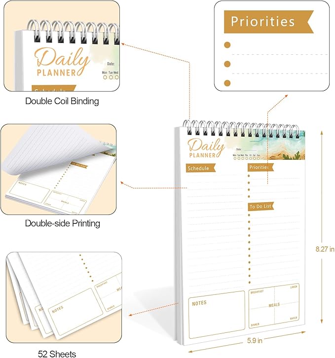 To Do List Notebook Daily Planner A5 CheckList Pad 52 Sheets, 5.9" x 8.2" Daily Schedule Goal and Tasks Setting Notepad Productivity Planner, Spiral Appointment Organizers, A5-KA