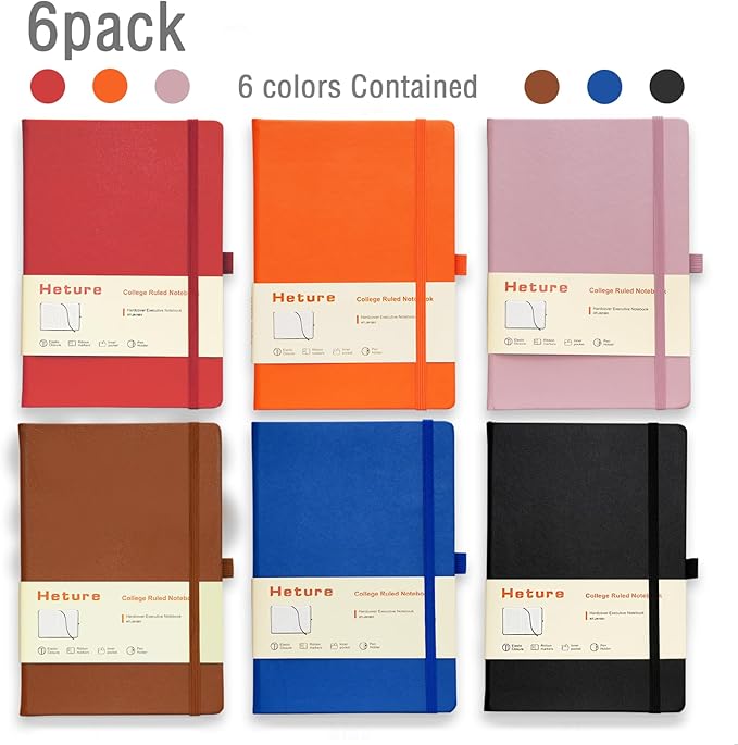 Heture Hardcover Notebooks, 6 Packs A5 Lined Journals Notebook for Writing 160 Pages, 8.2 x 5.5 inch, Classic Ruled Notebooks for College/Work/Travel (Assorted Color-6 Pack)