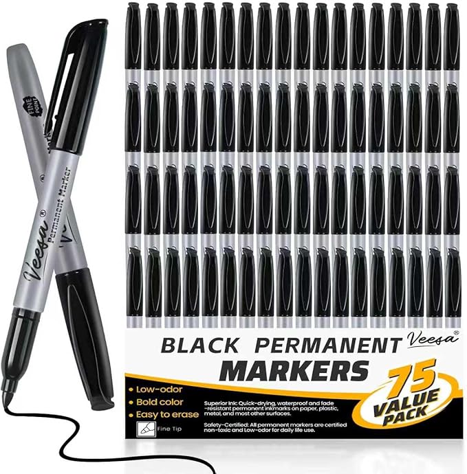 Permanent Markers 75 Pack, Black Marker Pens with 30% More Ink, Waterproof | Quick Drying | Fade Resistant, Fine Tip