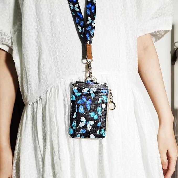 Cute Id Badge Holder with Lanyard,Blue Butterfly Teacher Lanyards for Id Badges and Keys,Identity Id Badge Holder Case, Nurse Doctor Office School Teacher Name Credit Card Pocket