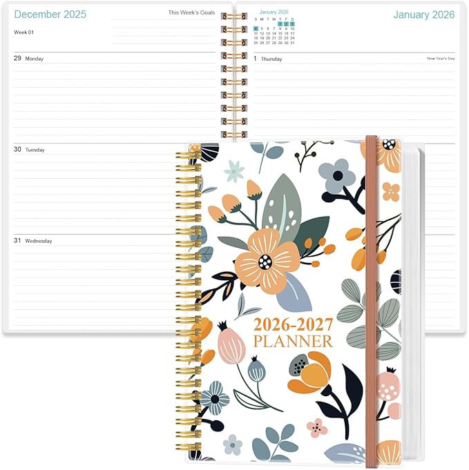 2026-2027 Planner - 18 Months Weekly & Monthly Planner from January 2026 - June 2027, Spiral Notebook 2026-2027 with Elastic Closure, Inner Pocket, Medium 5.8" x 8.3", Rose Flower