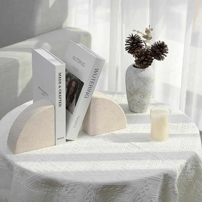 Karibiber Marble Bookend for Shelves, Non-Skid Bookends for Heavy Books, Heavy Duty Book Stopper for CDs, Luxury Book Shelf Holder, Quarter Circle Design Book Ends Decorative, Moleanos Beige, Set of 2