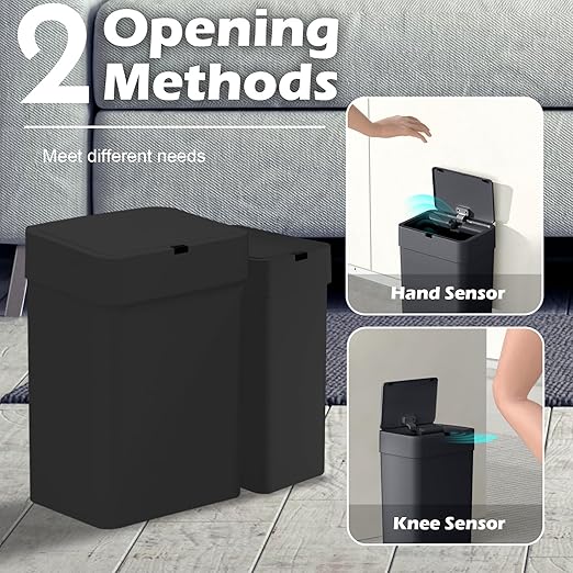ELPHECO Bathroom Trash Can with Lid, 2 Pack Automatic Garbage Can, 2.5 Gallon + 4 Gallon Motion Sensor Smart Bathroom Decor, Slim Waterproof Trash Bins for Bedroom, Office, Living Room, Black