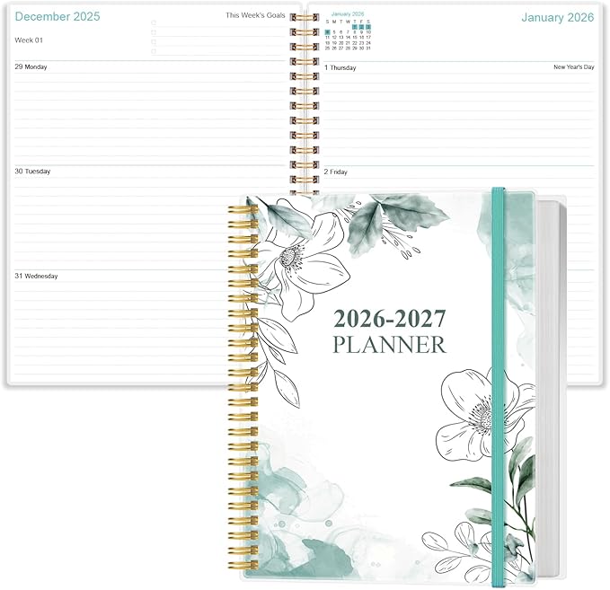 2026-2027 Planner - 18 Months Weekly & Monthly Planner from January 2026 - June 2027, Spiral Planners 2026-2027 with Elastic Closure, Inner Pocket, Medium 8.5" x 11", Teal Floral