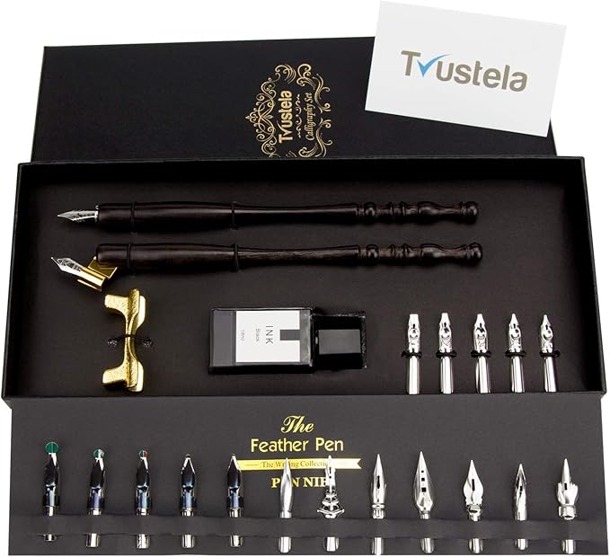 Trustela Calligraphy Set for Beginners, Dip Pen Set with 19 Nibs, Oblique Pen Holder, Wooden Pen Set