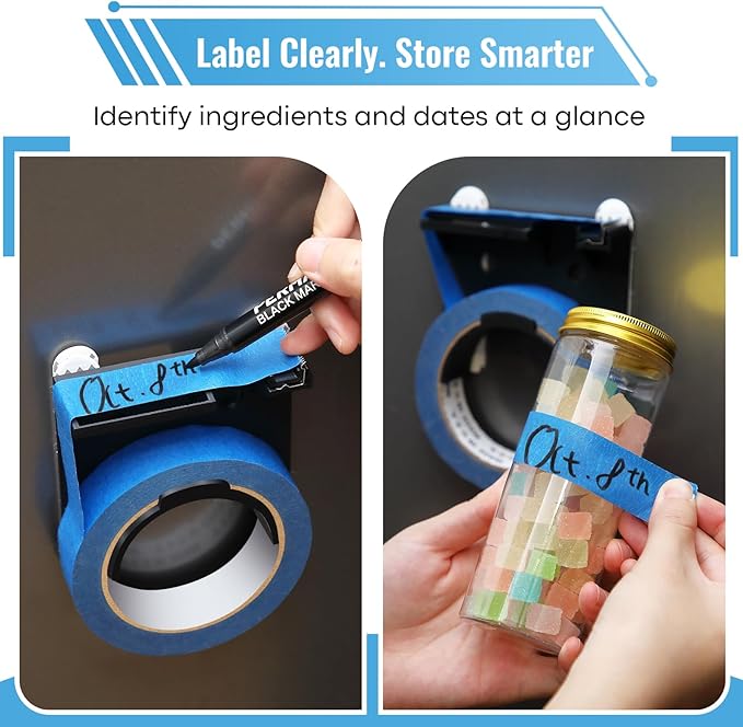 Kitchen Tape Dispenser for Labeling, Fits 0.94" Painter's Tape (3" Core), Wall Mounted Label Tapes Holders with 2 Nails and 2 Hook and Loop Strips for Meal Prep, Food Storage, Office & Home Use