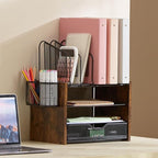 Y YOMA Wooden Desk Organizer, 4-Tier Mesh Desk Organizer with Drawer, Paper Tray & 5 Vertical File Holders, 2 Pen Holders, Desktop Organizer and Accessories for Home Office Dorm