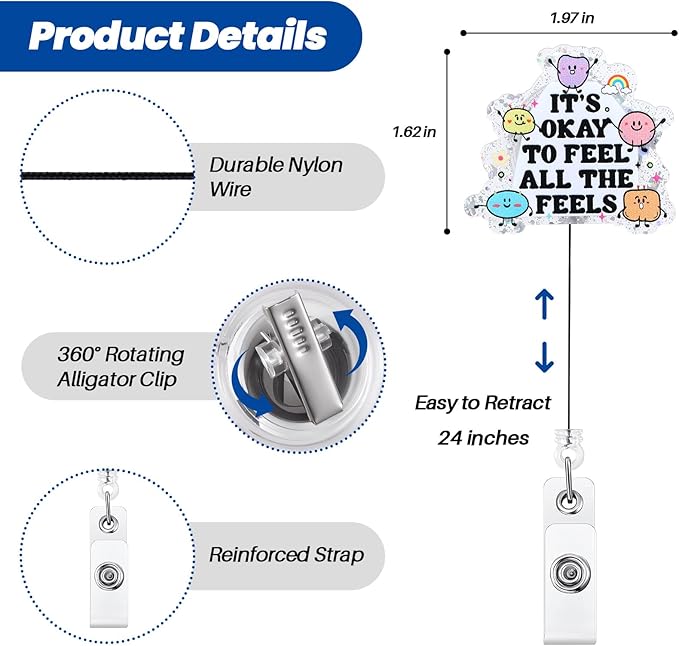 It's Okay to Feel All The Feels Funny Nurse Badge Reel, Cute Inspirational Mental Health Retractable ID Card Badge Holder, Name Tag Badge Buddy for Nurse Psychiatrist Psychotherapist Social Workers