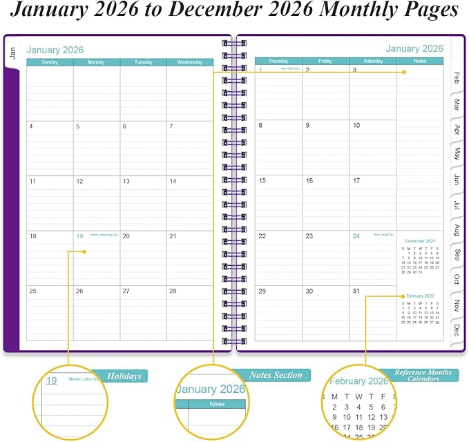 Daily Planner 2026 Full Page Per Day- 2026 Daily & Monthly Planner from January 2026 to December 2026, Day Planner 2026 with 12 Months Tabs, 6.4" x 8,5", Purple