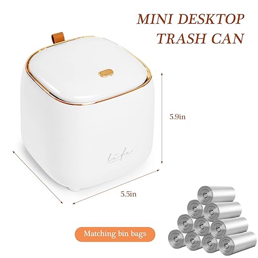 Daphilly Mini Countertop Trash Can with 1.5L Capacity, 12 Rolls of Trash Bags, Press-Type Lid, Black, Green