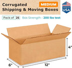 Medium Moving & Shipping Boxes 12"L x 6"W x 4"H (25-Pack) - Extra Strength 200 lb vs Regular - Corrugated Medium Moving Boxes - Shipping Box for USPS, UPS, FedEx - Cardboard Box by IDL Packaging