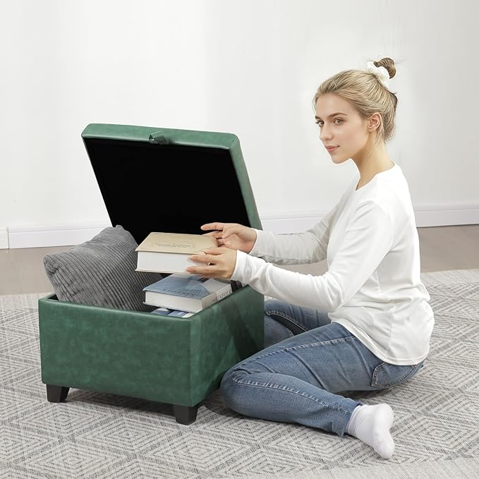 Adeco Green Faux Leather Storage Ottoman with Hinged Lid, 14" Green Square Cube Foot Stool with Storage, Upholstered Vanity Stool with Black Solid Wood Legs for Living Room, Bedroom