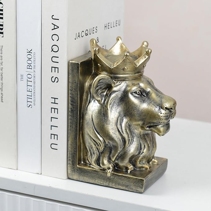 Kakizzy Vintage Gold Lion Book Ends,Animal Decorative Bookends,Resin Book Holder,Luxurious Book Ends for Shelves Rooms Office Home Decor,Unique Book Lover Gift(Gold Lion)