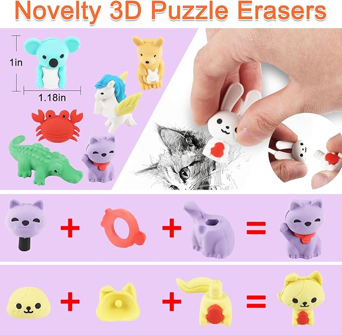 URSKYTOUS 80Pcs Animal Erasers Kids Desk Pets Pencil Erasers 3D Puzzle Eraser Bulk Fun Cute Mini Animal Eraser Toys for Classroom Rewards, Game Prizes, Treasure Box, Easter Egg Fillers