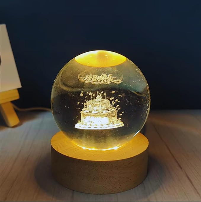C&M 3D Happy Birthday Crystal Ball Night Light,Happy Birthday Figurine Lamp,Decorative Glass Sphere Ball Paperweight Crystal Sea Animal Decorations for Home (Happy Birthday)