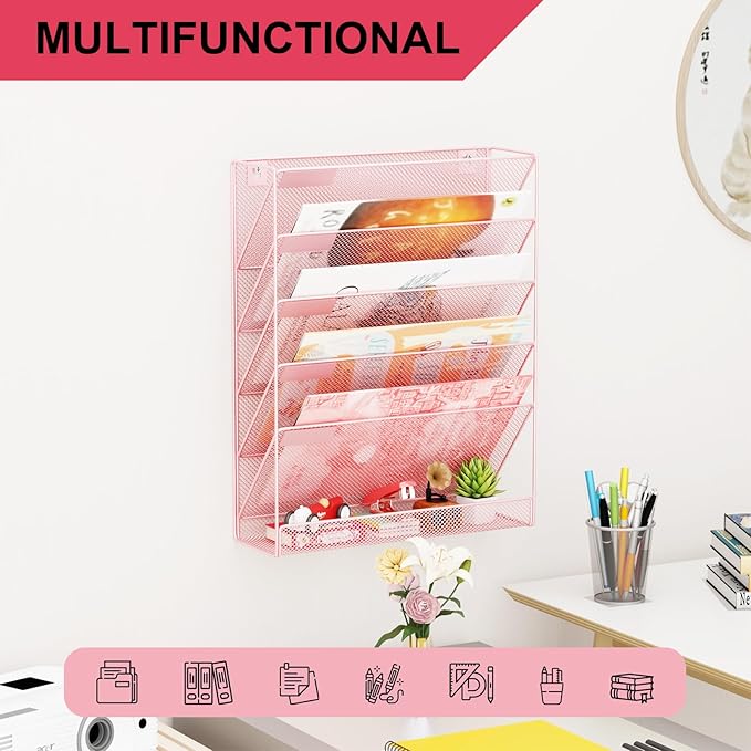 GDINDINFAN Wall File Organizer Holder Mesh Hanging Paper Document Holder, Vertical 6 Pocket Tier for Office Home, Light Pink