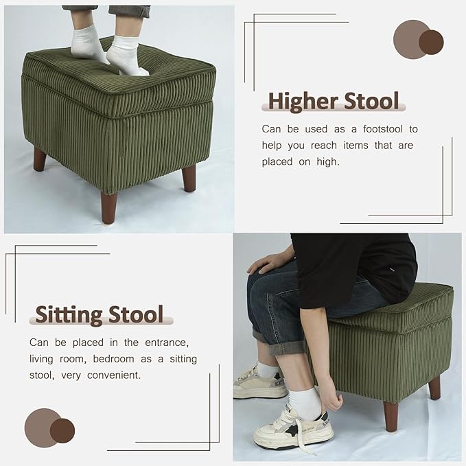 FAGAGA Storage Ottoman with Adjustable Lid, Soft Step Stool, Footrest and Seat, Ottoman Foot Rest for Living Room, Bedroom, Dorm, Green